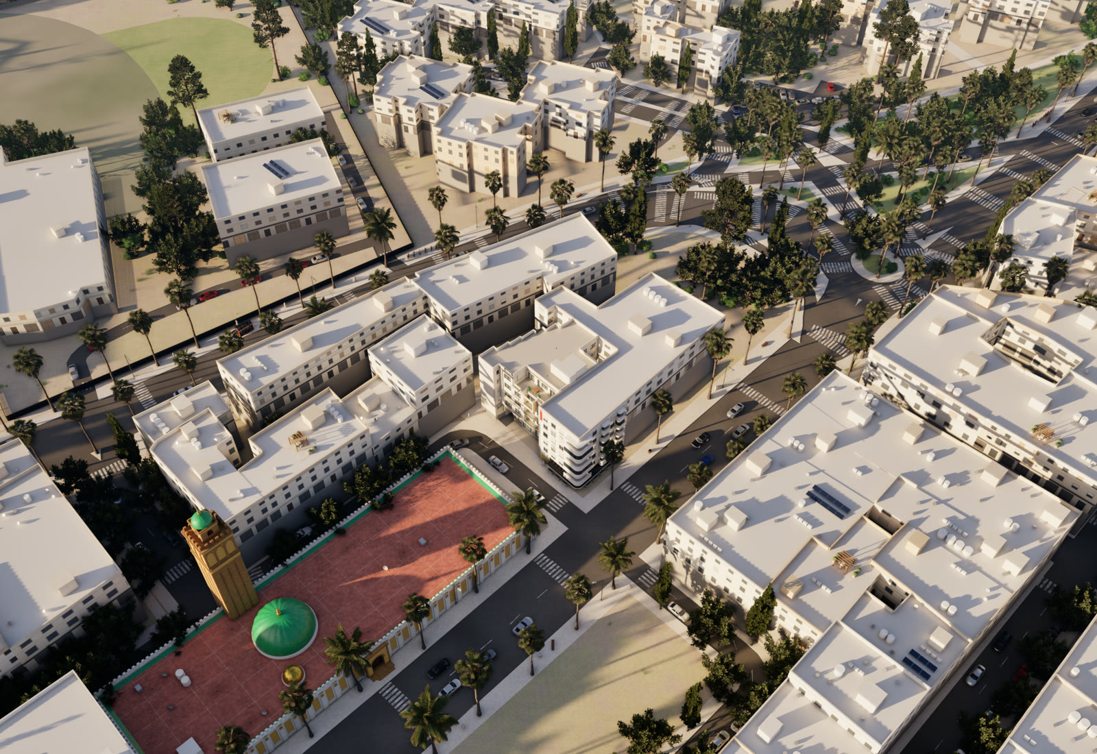 Vue aérienne temps réel d'un quartier modélisé